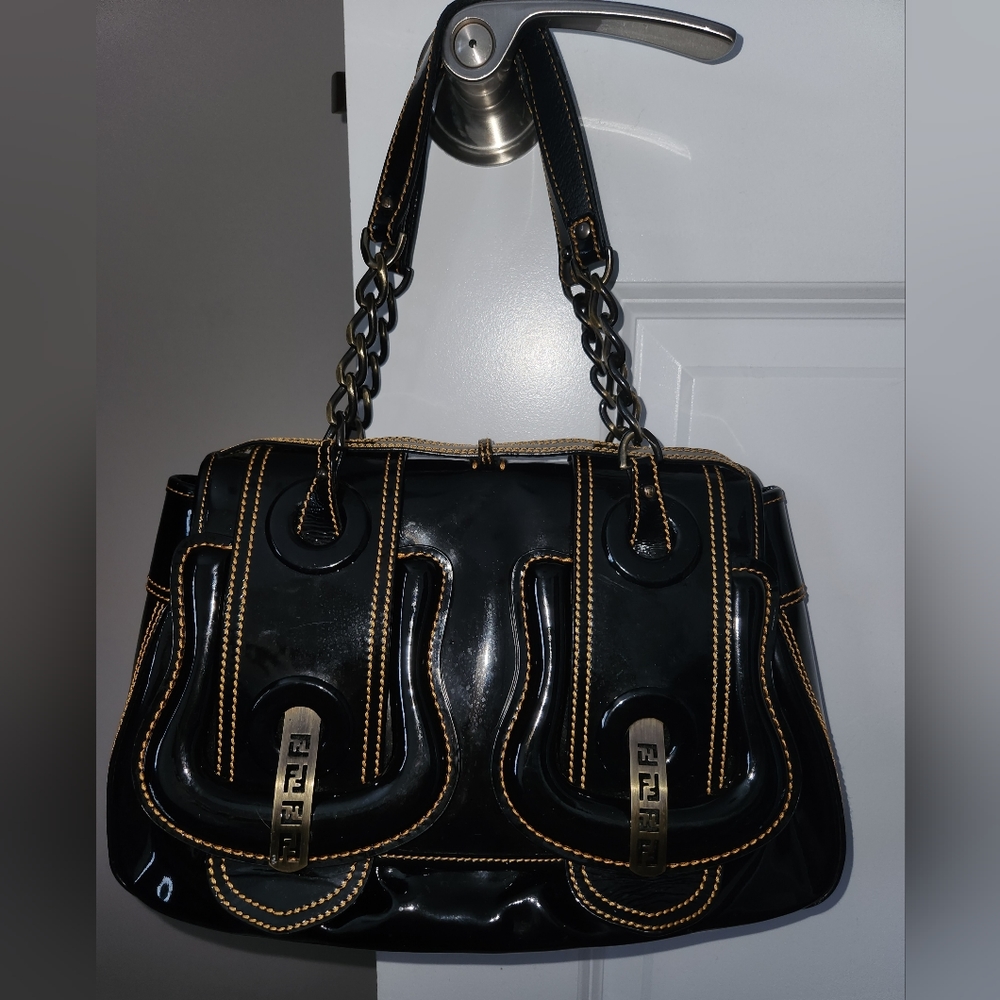 Fendi B Bag in Black Patent Leather